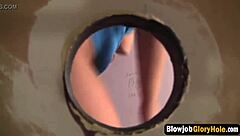 whoa this blonde babe really goes wild sucking dick through the glory hole