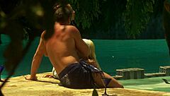 Beautiful poolside threesome devours monster cocks