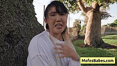 Sexy asian teen tomie tang bares natural big tits to friend outdoors