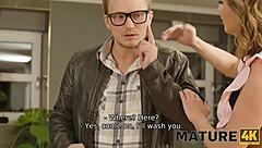 hot russian stepmom seduces guy on sofa in stockings