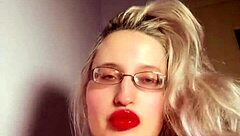 golddigger in red lip gloss glasses gives perfect lipstick fetish findom jerk off instructions for cash