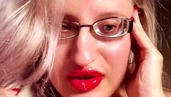 golddigger in red lip gloss glasses gives perfect lipstick fetish findom jerk off instructions for cash