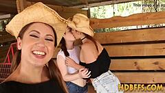 outdoor farm teen's pussy gets licked and clit rubbed by horny lesbian in high def reality