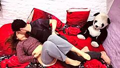 another evening with boyfriend and his cute petite teen friend sucking big cock