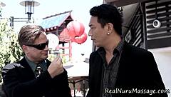 cute asian babe's nuru massage teases petite body