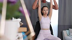 bloom lambie bends over fitball taking cock deep in her shaved pussy from behind