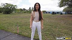 brunette milf spreads shaved pussy wide open for quick cash deal