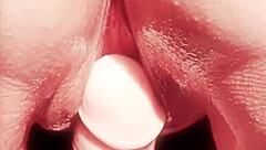 mature oiled wife spreads huge shaved pussy lips teasing closeup