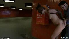 leather bound slut takes public cock pounding