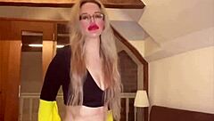 Goddess in glasses dances her huge belly while dominating with blowjob fetish tune