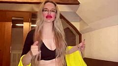 Goddess in glasses dances her huge belly while dominating with blowjob fetish tune