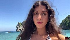 Brunette hottie deepthroats my cock on public beach then cumwalks with facial dripping everywhere