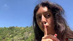 Brunette hottie deepthroats my cock on public beach then cumwalks with facial dripping everywhere