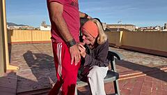 Wife sucks neighbor's cock deep on balcony terrace and swallows every drop