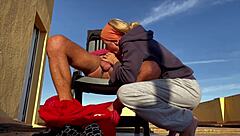 Wife sucks neighbor's cock deep on balcony terrace and swallows every drop
