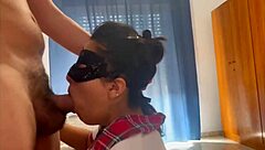 horny latina student deepthroats cock closeup and swallows hot cumshot