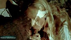 Stunning blonde and brunette sluts share huge cock in outdoor threesome frenzy.