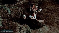 Stunning blonde and brunette sluts share huge cock in outdoor threesome frenzy.