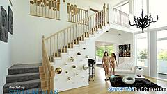 strapon fucks lesbian babe squirting hard closeup view