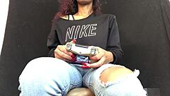 hey this ebony girl multitasks gaming while teasing her spots down there