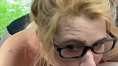 streetwalker slut with glasses deepthroats cock, swallows cum after mouth creampie