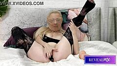 kinky italian milf rams dildo deep in wet pussy while fingering ass in stockings