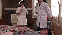 shaved pussy nurse in stockings teases patient cock before steamy hospital night ends her