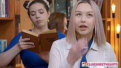 18yo bookworm lesbians lick juicy shaved pussies in library orgy 😍👅💦