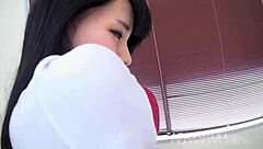 first time bloomers girl in no-bra gym suit does bridge splits enduring nipple vibe till she tips over shaking