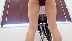 first time bloomers girl in no-bra gym suit does bridge splits enduring nipple vibe till she tips over shaking