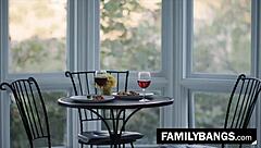 gorgeous milf penny barber and romy rain share lesbian strapon ride in garage