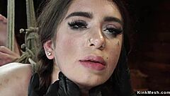 brunette hogtied horizontally bound gagged choked whipped in bizarre bdsm suspension