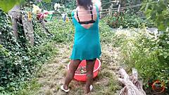 Hey neighbor, watch this hot milf's natural tits bounce in outdoor pussy licking heels