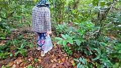skinny thai babe bent over fucked doggystyle creampie in forest before mushroom hunt