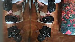 Rough oral deepthroat and doggystyle creampie with shaved latina milf in lingerie heels