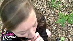 The hot teen next door drops to her knees in the outdoors giving a steamy POV blowjob that builds to explosive cumshot