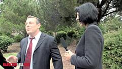 Sexy news reporter in lingerie begs for doggystyle pounding cum on her big tits