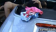 french milf toys in public park before amateur hitchhike threesome.