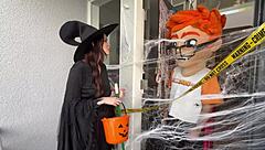 Chloe foxxe the tattooed brunette rides my huge cock cowgirl then missionary for that halloween cumshot blast.