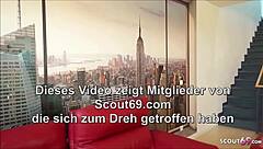 Skinny tattooed german milf mommy with glasses rims licks balls and takes facial cum on the stairs.