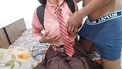 Indian schoolgirl sneaks first time doggystyle fuck with boyfriend after class in the bedroom?