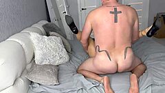 Cum floods flat stomach then drowns slutty heels in thick double load.