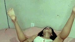 Huge Dildo Fills Brazilian Natural Tits Beauty in Lingerie Close-Up