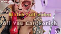 Brunette cosplay pooch rubs sofa passionately then masturbates hard with special tattooed dildo on couch