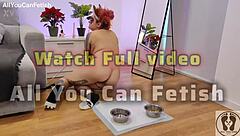 Brunette cosplay pooch rubs sofa passionately then masturbates hard with special tattooed dildo on couch