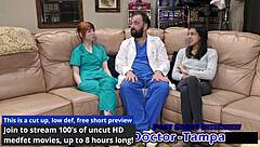 Dr Tampa's latex nurse Ditria Rose examines patient's cock backstage in hospital roleplay