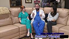 Dr Tampa's latex nurse Ditria Rose examines patient's cock backstage in hospital roleplay