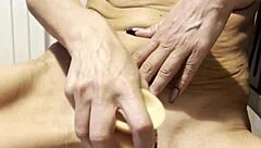 Watch this sexy blonde wife oil up for big dildos solo play