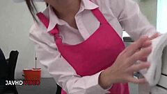 in the office, chihiro akino kneels for a deep blowjob leading to her creampie finish