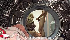 Chubby blonde hooks up with young 18+ guy for laundry room sex